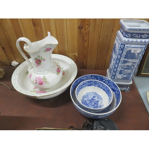 343 - Ewer and Basin, three pieces of Blue and White ware