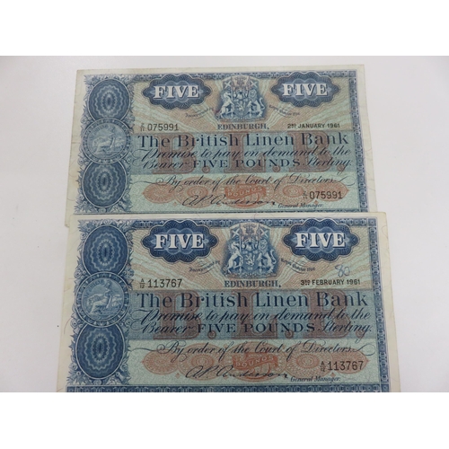 130 - Two British Linen Bank £5 notes, 2nd January 1961 and 3rd February 1961