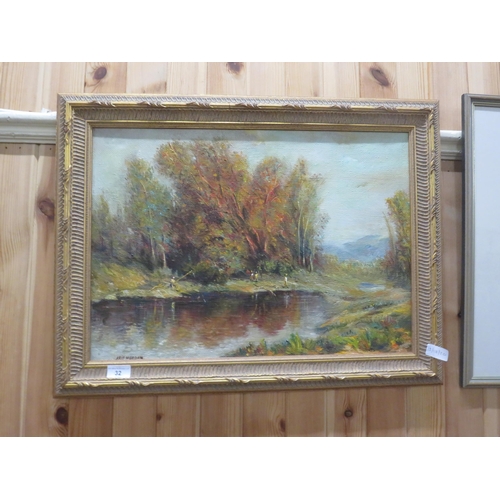 32 - Framed Oil Painting - Villagers Fishing - Arif Mardan