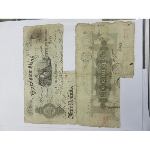 134 - Two Darlington Bank £5 notes, 27th November 1882 and 16th November 1883, Both cut/cancelled