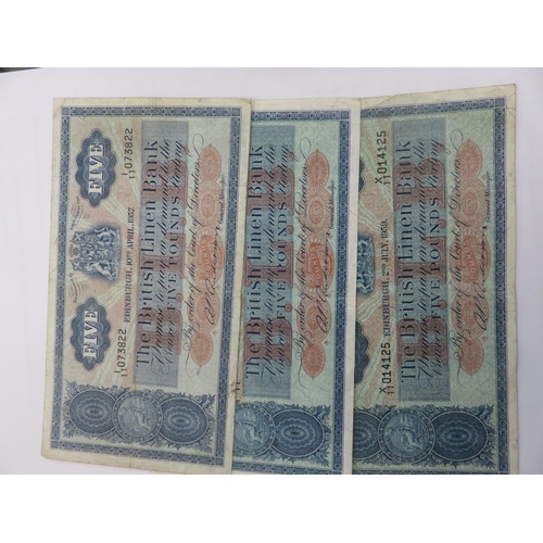 141 - Three British Linen Bank £5 notes, one x 1957, two x 1959