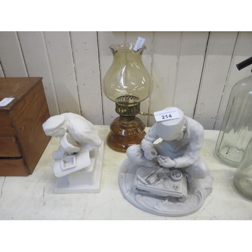 214 - Two Parian Ware Figures and a Small Oil Lamp