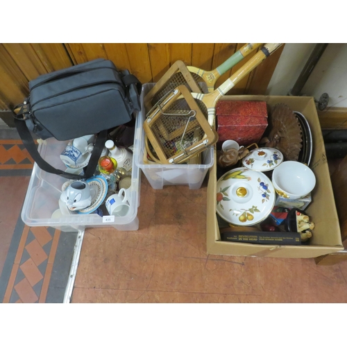 435 - Three Boxes, Ceramics, Bric a Brac, Comics, Tennis Racquets etc