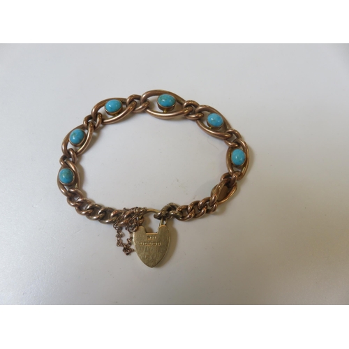 Antique Gold Turquoise Bracelet, stamps to padlock, including maker's mark 15.6g