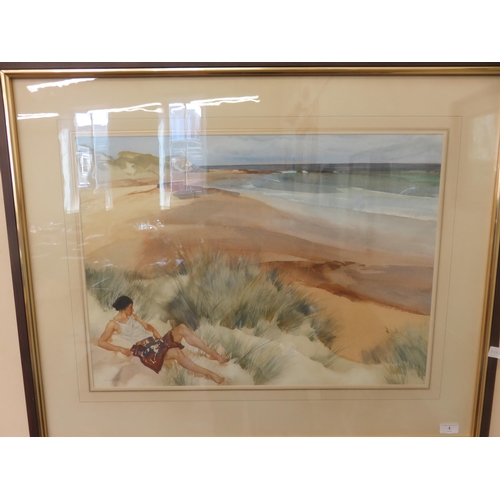 Framed Watercolour "Reclining Female at Shoreline", Sir William Russell Flint, signed bottom left, 48cm. x 67cm.