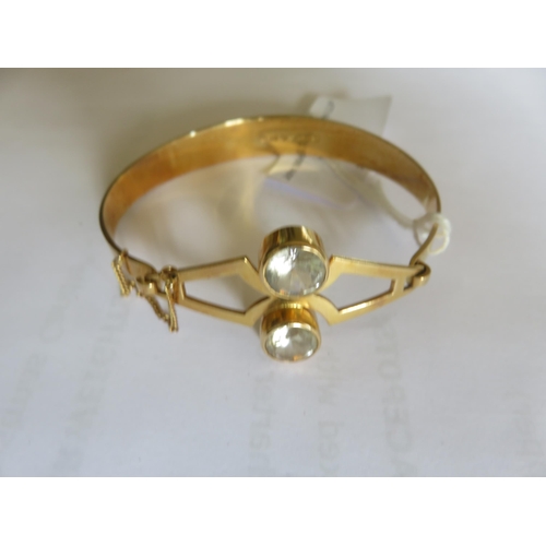 18ct. Gold Bangle with Two Large White Stones, 22.8 grams Total Weight.