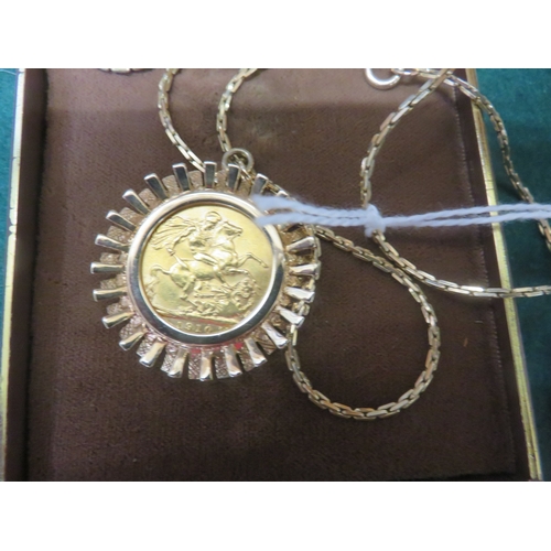 9ct. Gold Mounted 1910 Sovereign on 9ct. .Gold Chain, 21.3 grams
