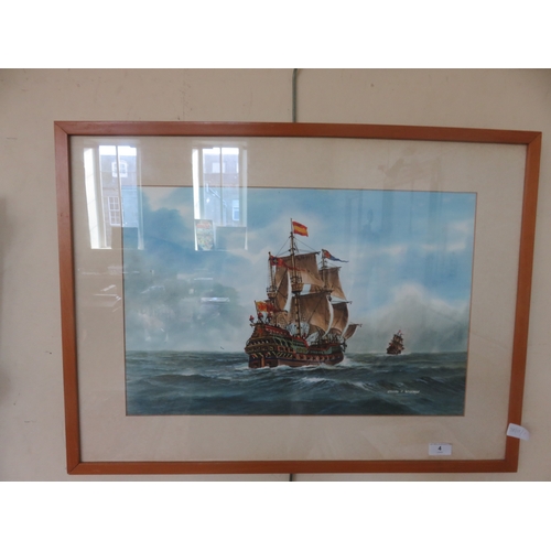 4 - Framed Watercolour, Spanish Galleon's, George P Wiseman