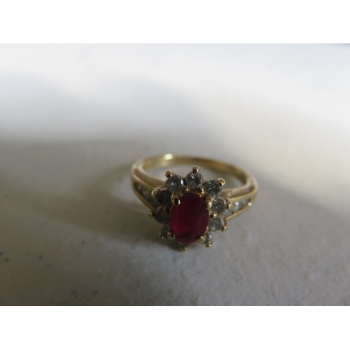 Gold, Diamond and Ruby Cluster with Diamond Set Shoulders