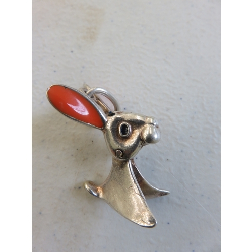 Novelty Articulated Silver Enamel Rabbit Pendant Charm