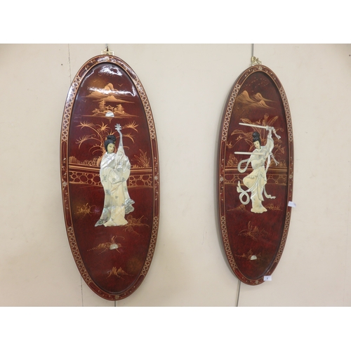6 - Pair of Oriental Red Lacquered Panel Pictures