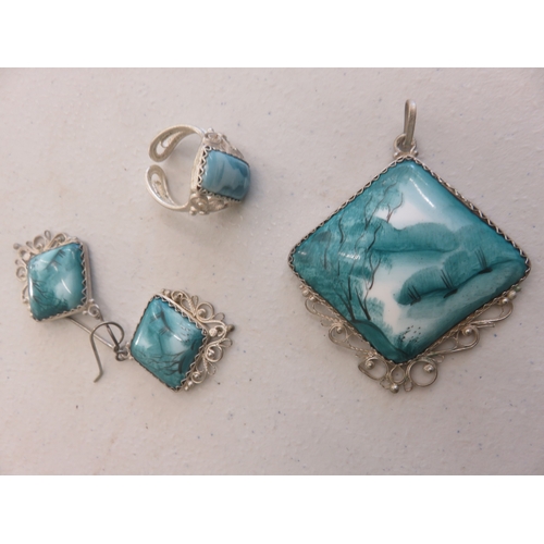 62 - Enamelled Porcelain Jewellery Set: Pendant, Earrings, Adjustable Ring and mini size manufacturers' c... 