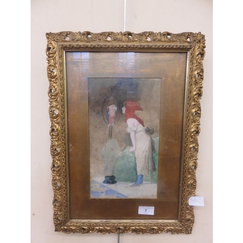7 - Gilt Framed Watercolour - Girl with Parrot - artist unknown