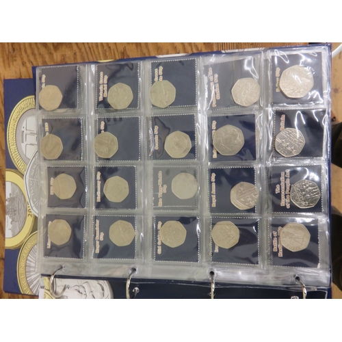 Two Change Checker Albums containing 50 pence, £1 and 10 pence coins