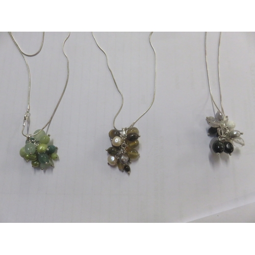 106 - Three Silver, Bead and Pearl Cluster Pendants on Chains