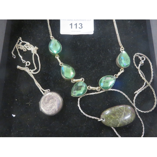 113 - Silver Green Gem Necklace and Two Other Silver Pendants on Chains