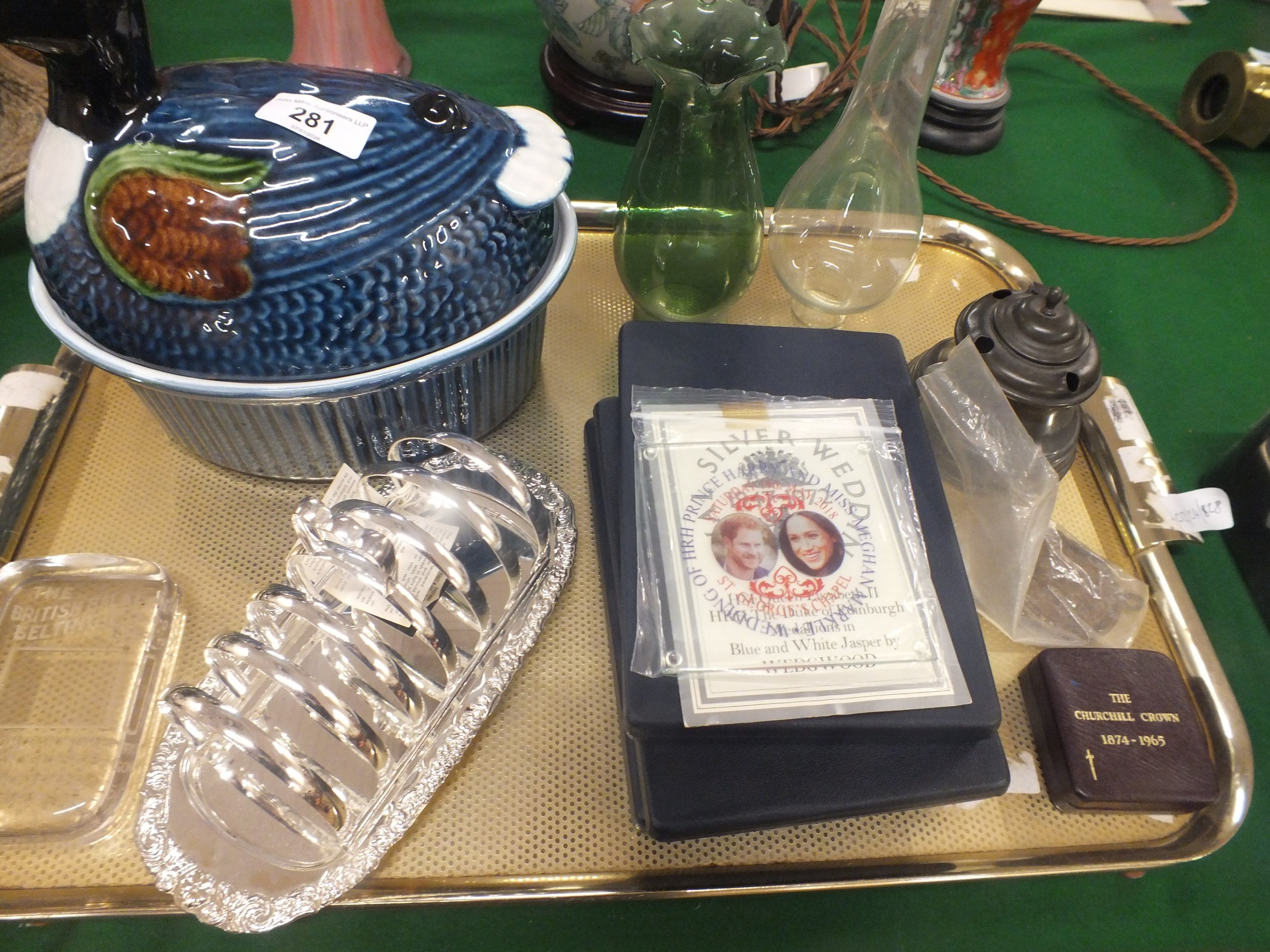 Three pieces Wedgwood, Lamp, Chimneys, Toast Rack, Duck Egg Box etc.