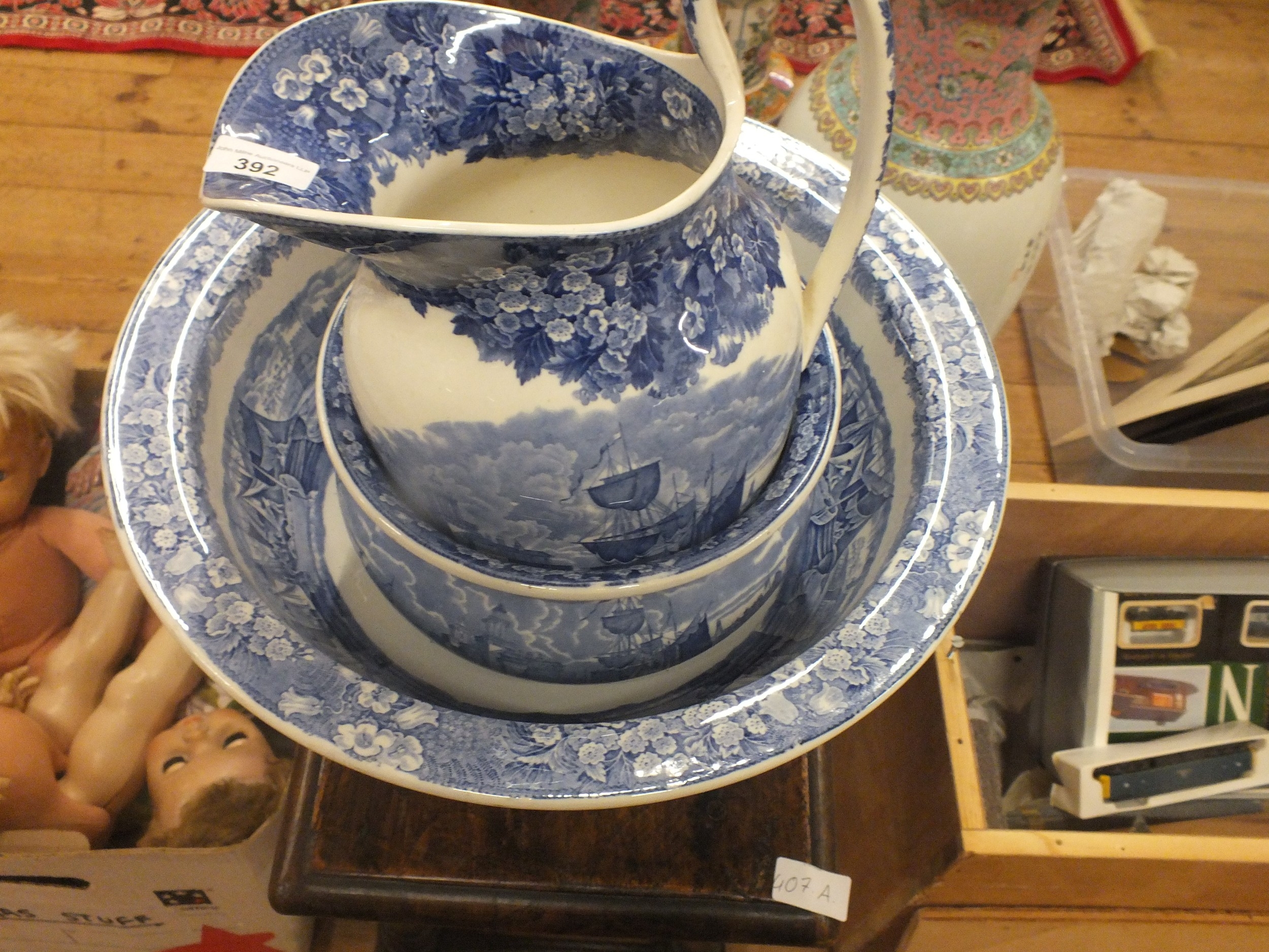 Three Piece Blue and White Basin and Ewer Set