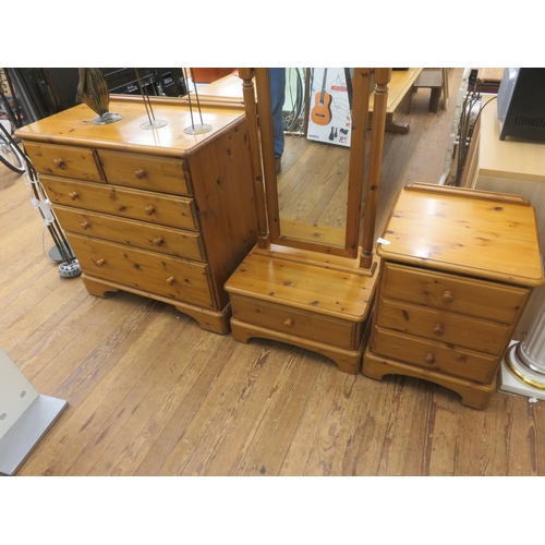 374 - Pine Chest of Drawers, Cheval Mirror and Bedside Cabinet