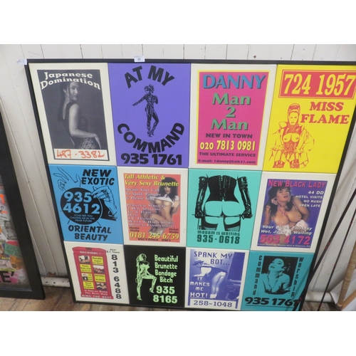 Two Large Collages of Twelve Hand Painted Versions of Telephone Box Cards - 122cm x 122cm - and Framed Collage of Telephone Box Cards - 100cm x 80 cm -  by Peter Moller