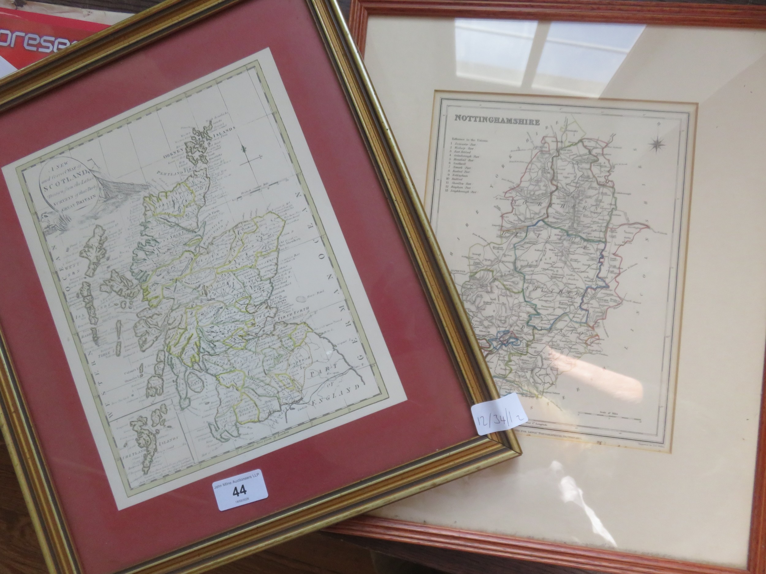 Two Framed Map Engravings: Scotland & Nottinghamshire