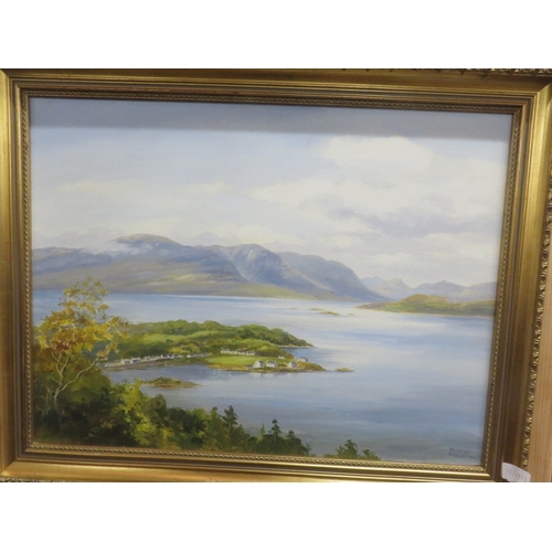 25 - Framed Oil Painting - Village by a Loch - Robert Ellington 45 by 60cm