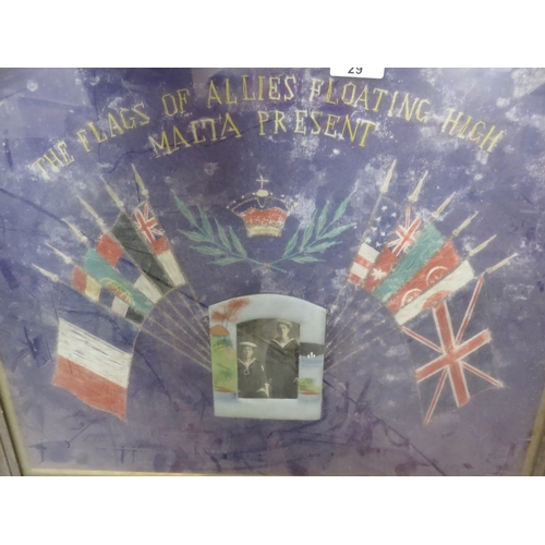 29 - Framed Picture - The Flags of Allied Floating High. Malta Present and One Other 42 by 52cm