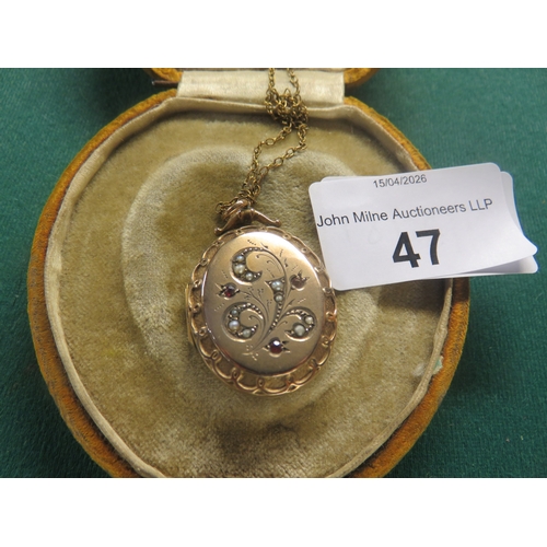 47 - Victorian Gilt Metal Locket on Chain, set with Seed Pearls and Ruby Type Stones