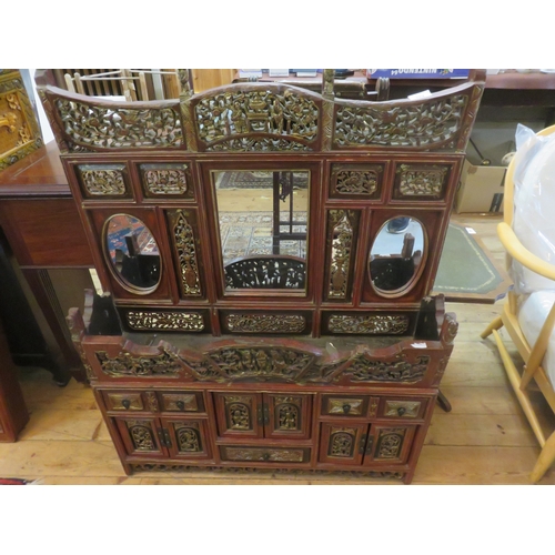 392 - Ornately Carved Oriental Lacquered and Gilt Wood Table and Top Cabinet