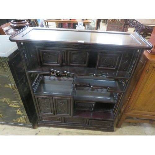 403 - Dark chinese openwork unit with 2 panel doors and 2 drawers, 100cm width 110cm height