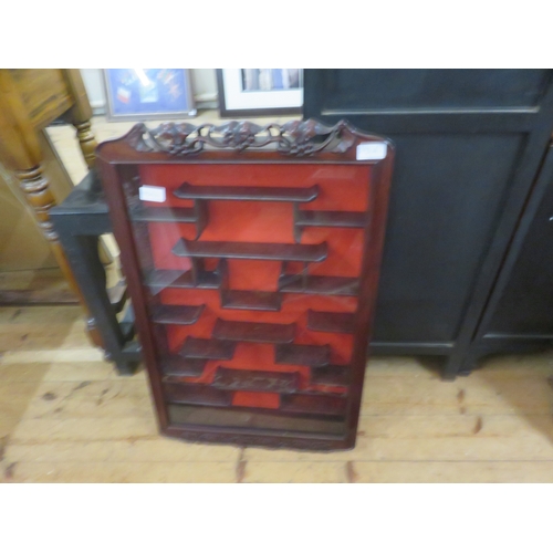 393A - Chinese hardwood and glazed wall hanging display unit , 44 cm wide by 70cm tall