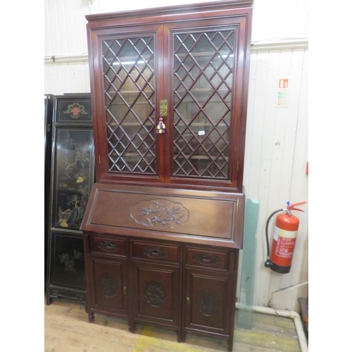 408 - Chinese hardwood bureau bookcase, fitted interior, enclosing one stool 110 width by 220cm tall
