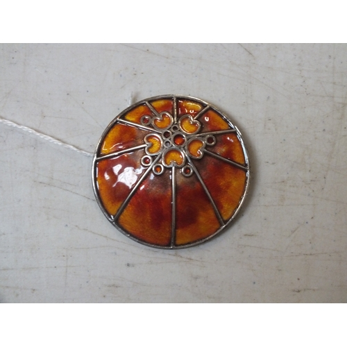 41 - Large Edinburgh Hallmarked Silver and Orange Enamel Circle Brooch by Norman Grant