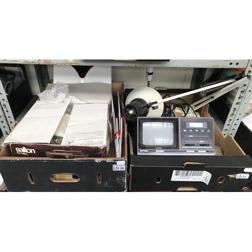 136 - 2 Boxes containing a portable TV and a vintage lamp etc