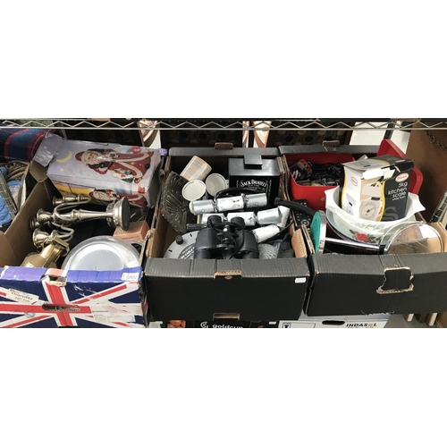 202 - 3 Boxes containing binoculars and a candelabra etc