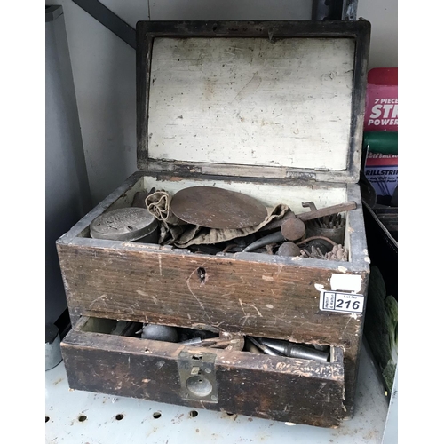 216 - Vintage wooden toolbox and contents