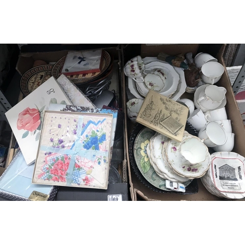 69 - 2 Boxes containing assorted China and vintage handkerchiefs etc
