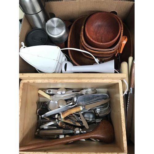 130 - 2 Boxes containing kitchenalia including pans