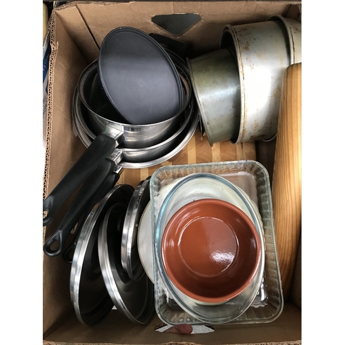 130 - 2 Boxes containing kitchenalia including pans