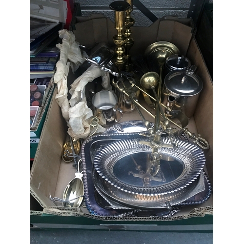 57 - Box containing brass and plated ware