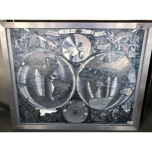 22 - 2 Framed and glazed foil globe pictures