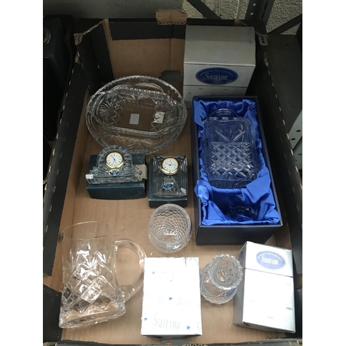 50 - Box containing Bohemia crystal clocks and a decanter etc