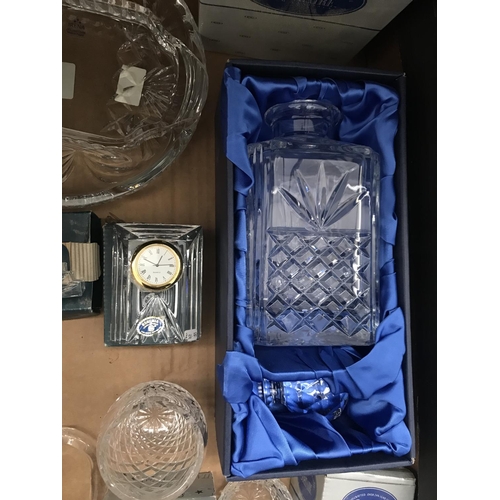 50 - Box containing Bohemia crystal clocks and a decanter etc