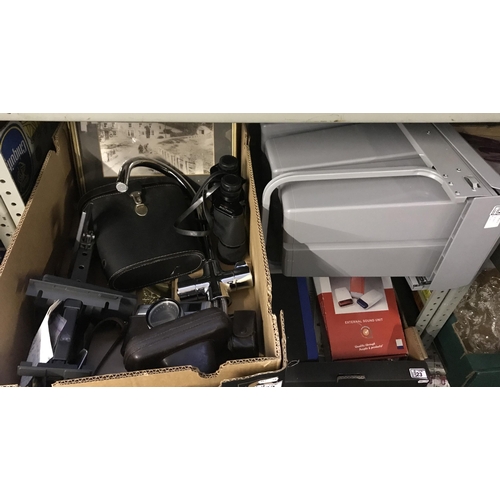 22 - Site-Matic kitchen bin and a box containing binoculars and a Minolta camera etc