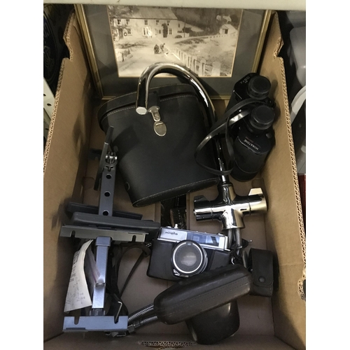22 - Site-Matic kitchen bin and a box containing binoculars and a Minolta camera etc
