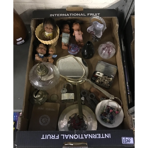 30 - Box containing curios including Caithness paperweights and small vintage dolls