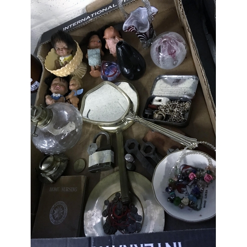 30 - Box containing curios including Caithness paperweights and small vintage dolls