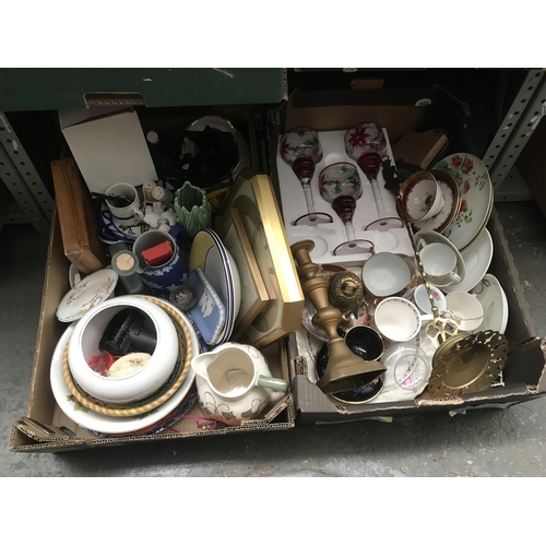 47 - 2 Boxes containing brass ware, Wedgwood and China