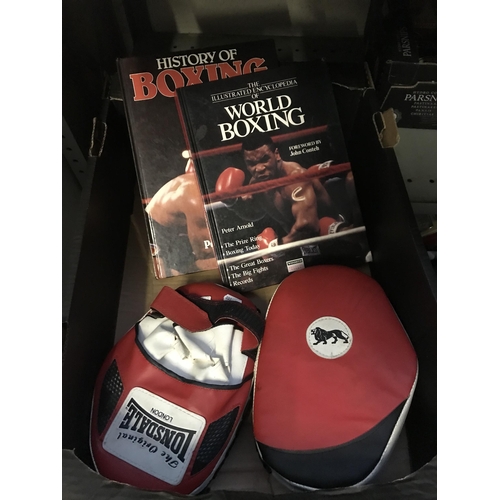 7 - Box containing boxing pads and 2 books (one signed)