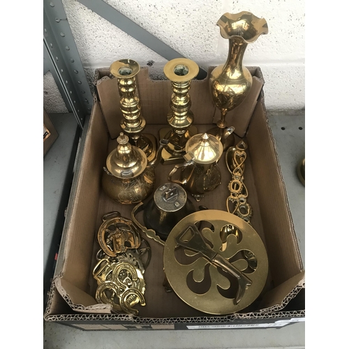 28 - Box containing brass ware including candlesticks